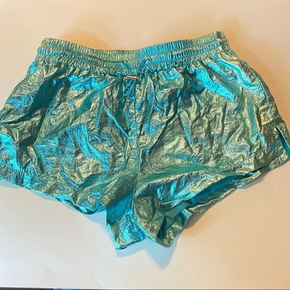 Forever 21 Metallic Foil Party dance aqua hi rise lined bootie shorts rave Small - Picture 1 of 11